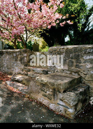 Horse mounting block and footpath stile on outside of St Berres’ churchyard wall, Llanferres, Wales, UK. Built for parishoners who traveled by horse. Stock Photo