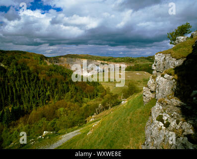 Burley Hill limestone quarry just before closure in 2003. View from above Lynx Cave over forestry plantation to distant Moel Findeg, North Wales. Stock Photo