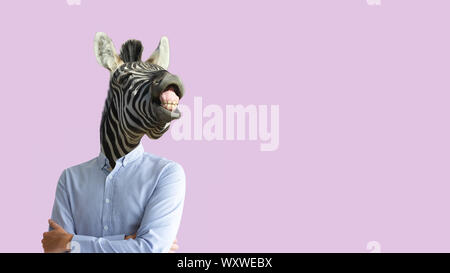 Contemporary art collage. Funny laughing zebra head on human body in business shirt. Clip art, negative space. Stock Photo