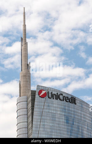 Milan, Italy: detail of the Unicredit Bank headquarters skyscraper with company logo sign Stock Photo