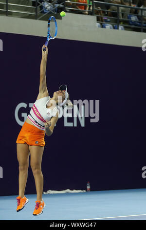 American professional tennis player Sofia Kenin plays against German professional tennis player Laura Siegemund at the first round of WTA Guangzhou Open 2019 in Guangzhou city, south China's Guangdong province, 17 September 2019. American professional tennis player Sofia Kenin beat German professional tennis player Laura Siegemund with 2-0 at the first round of WTA Guangzhou Open 2019 in Guangzhou city, south China's Guangdong province, 17 September 2019. Stock Photo