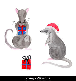 Watercolor set of Christmas rats isolated on white background. Hand drawn 2020 symbol animal. Zodiac rat in red Christmas hat and holding gift box. Ne Stock Photo