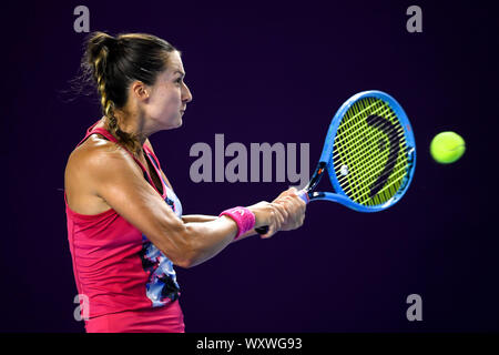 Slovenian professional tennis player Dalila Jakupovic plays against Ukrainian professional tennis player Elina Svitolina at the first round of WTA Guangzhou Open 2019 in Guangzhou city, south China's Guangdong province, 17 September 2019. Ukrainian professional tennis player Elina Svitolina beat Slovenian professional tennis player Dalila Jakupovic with 2-0 at the first round of WTA Guangzhou Open 2019 in Guangzhou city, south China's Guangdong province, 17 September 2019. Stock Photo