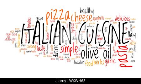 Italian cuisine - foods like pizza, pasta and lasagne. Word cloud sign. Stock Photo