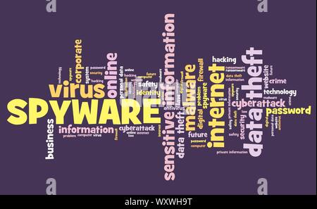 Spyware virus - compromised computer security concept. Word cloud. Stock Photo