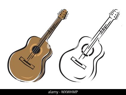 Two acoustic guitars vector. Illustration of black and colorful version of acoustic guitar.Isolated on white background. Vector available. Stock Vector