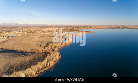 arial view of a lake in fall time Stock Photo