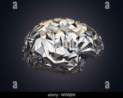 3d illustration of human low poly brain made of metal, AI concept Stock Photo