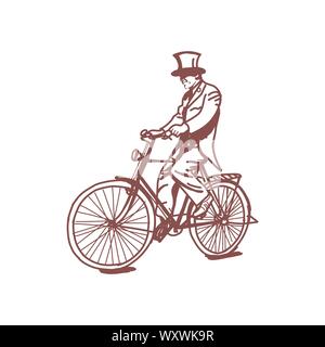Sketch of Victorian man riding a bicycle,Victorian Era steampunk vector line art Hand drawn illustration Stock Vector