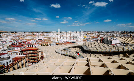 Seville, Spain - Sept 10, 2019: Panoramic view from the top of the Space Metropol Parasol, Setas de Sevilla, on a sunny summer day Stock Photo