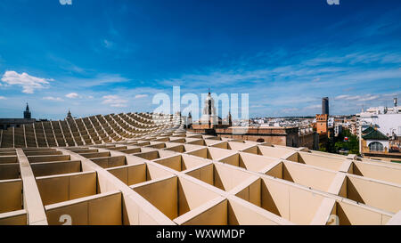 Seville, Spain - Sept 10, 2019: Panoramic view from the top of the Space Metropol Parasol, Setas de Sevilla, on a sunny summer day Stock Photo