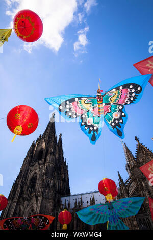 China festival on Roncalli square at the cathedral, butterfly as decoration, Cologne, Germany.  Chinafest auf dem Roncalliplatz am Dom, Schmetterling Stock Photo