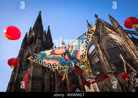 China festival on Roncalli square at the cathedral, butterfly as decoration, Cologne, Germany.  Chinafest auf dem Roncalliplatz am Dom, Schmetterling Stock Photo