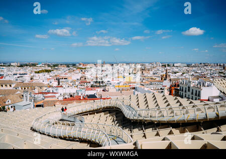 Seville, Spain - Sept 10, 2019: Panoramic view from the top of the Space Metropol Parasol, Setas de Sevilla, on a sunny summer day Stock Photo