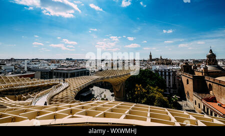 Seville, Spain - Sept 10, 2019: Panoramic view from the top of the Space Metropol Parasol, Setas de Sevilla, on a sunny summer day Stock Photo