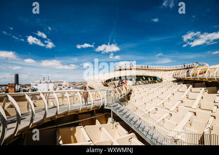 Seville, Spain - Sept 10, 2019: Panoramic view from the top of the Space Metropol Parasol, Setas de Sevilla, on a sunny summer day Stock Photo