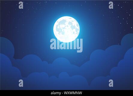 Night with Full Moon - Beautiful vector wallpaper, background illustration with landscape in dark blue color. Sky panorama with stars and clouds and c Stock Vector