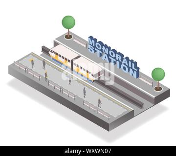 Monorail station isometric banner vector template. Passengers waiting on platform, tram and trees 3D illustration with lettering. Urban architecture element, public transportation, city travel concept Stock Vector