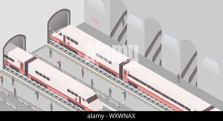 Subway station isometric vector illustration. Underground railroad, express city travel service, passenger conveyance business, public transport. People on platforms, arriving and departing trains Stock Vector