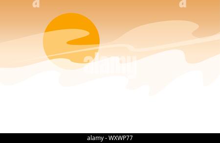 Desert landscape copyspace in flat style. Big hot sun. Sandstorm. Environment vector illustration. Orange background. Stock Vector