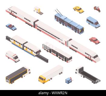 City transport isometric vector illustrations set. Public and industrial vehicles pack, urban travel service. Subway train, light rail, passenger cars, ambulance, bus, freight trucks and forklift Stock Vector