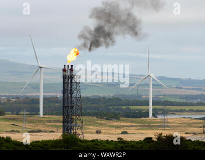 View of flaring at Mossmorran NGL ethylene plant on 18th September 2019 in Fife, Scotland, UK. The plant is jointly operated by ExxonMobil and Shell U Stock Photo