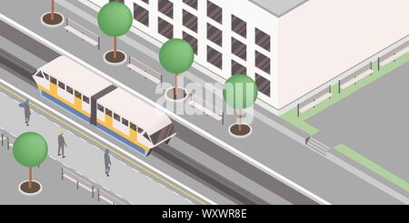 Monorail station isometric vector illustration. Modern urban railroad, express city travel service, public passenger conveyance business, rail transport. People on platforms waiting light rail Stock Vector