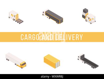 Cargo delivery isometric vector banner template. Industrial freight vehicles and container 3D illustrations set with typography. Goods transportation business, commercial conveyance service concept Stock Vector