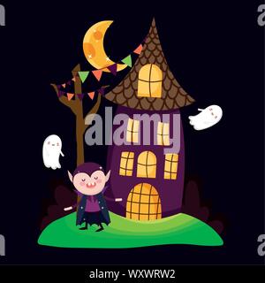 count dracula house and ghosts halloween vector illustration Stock Vector