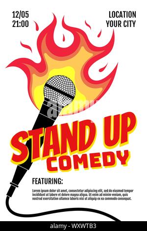 Stand up comedy night live show A3 A4 poster design template. Microphone on fire on white background. Hot comic jokes roast concert concept flyer. Vector fun burning open mic stage illustration Stock Vector