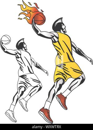 vector Basketball player jump in the air to shot with a slam dunk posture. Stock Vector