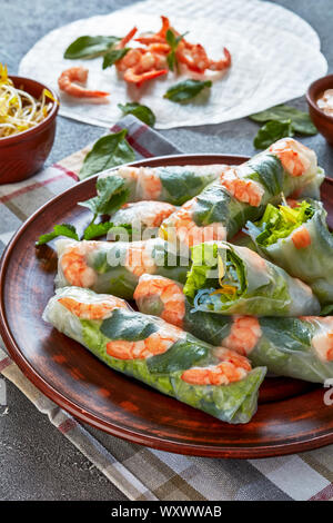 close-up of raw Asian spring rolls of rice paper with shrimps, rice noodle, spinach, mung bean sprouts fillings on an earthenware plate, vertical view