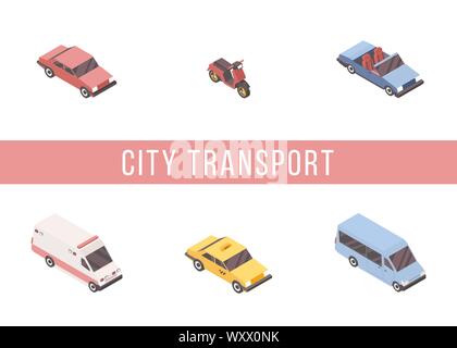 Urban transport isometric vector banner template. Passenger cars, scooter, taxi cab and ambulance 3D illustrations with typography. Personal and commercial automobiles, city traffic poster concept Stock Vector