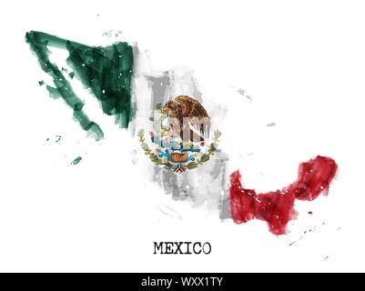 Mexico flag watercolor painting design and country map shape with splatter color . isolated background . Vector . Stock Vector