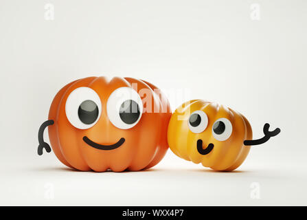 Two halloween pumpkins characterswith faces and googly eyes hugging. 3D illustration Stock Photo