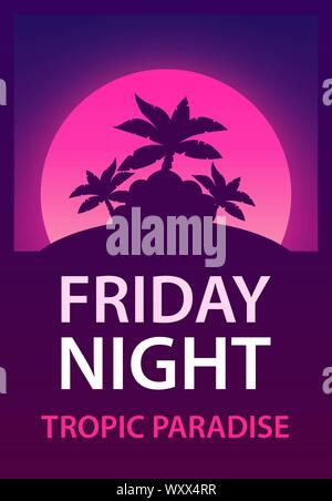 Friday Night - Poster for Dance, Music Party for Night Club. Vector template of Flyer with tropic Palms on violet Moon background. Stock Vector