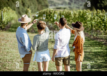 Group of young friends tasting wine on the vineyard, looking on the wine glasses on a sunny summer morning, view from the backside Stock Photo