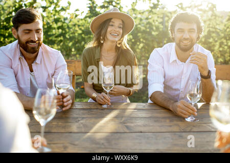 Group of a young people drinking wine and having fun together while sitting at the dining table outdoors on the vineyard on a sunny evening Stock Photo