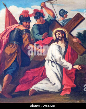 3rd Stations of the Cross, Jesus falls the first time, church of St. Agatha in Schmerlenbach, Germany Stock Photo
