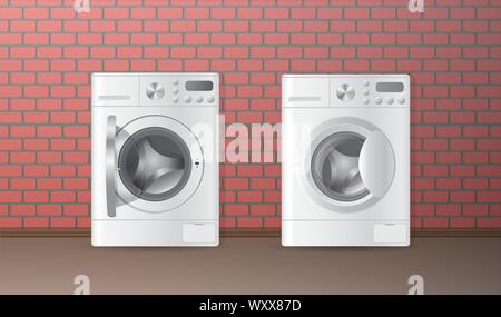 Vector realistic automatic washing-machine with front-loading clothes isolated on white backgroung. 3D illustration. Stock Vector
