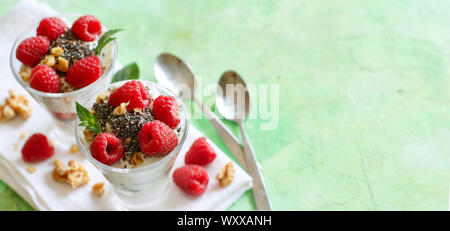 Yogurt with chia seeds, walnuts, mint and raspberries on green  background Stock Photo