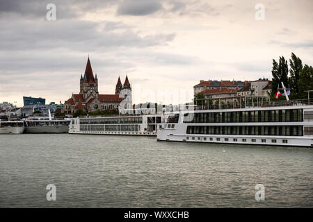 VIENNA, AUSTRIA - AUGUST 21, 2019: River cruise ship port in Zwischenbrucken Stock Photo