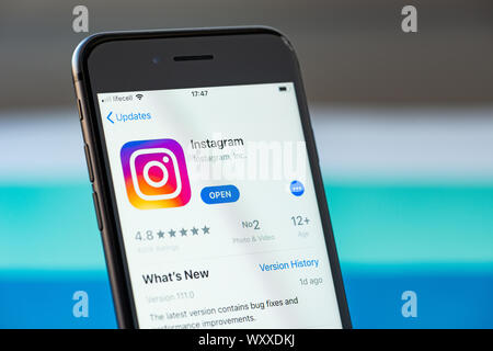 Kyiv, Ukraine - September 17, 2019: Studio shot of Apple iPhone 8 smartphone with an Instagram mobile application on the screen Stock Photo