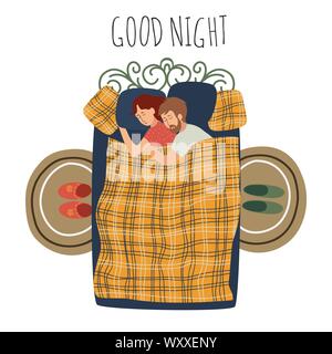 Good night. Top view of happy couple in bed sleeping together. Isolated hand-draw flat illustraton on a white background Stock Vector