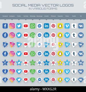 Collection of popular social media logos in various form. Instagram, facebook, twitter, youtube, whatsapp, pinterest, snapchat, linkedin, tumblr, mess Stock Vector