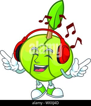Listening music elephant apple cartoon on white background Stock Vector
