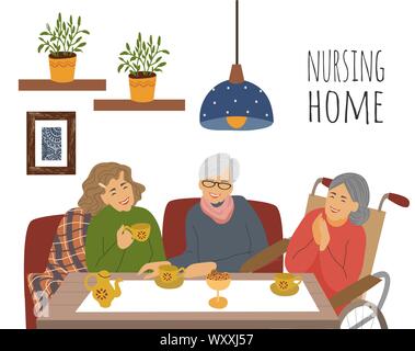 Nursing home. A heerful elderly womans at a tea party. Flat hand drawn vector illustration Stock Vector
