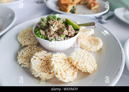 crispy rice and spicy fish salad, Thai food Stock Photo
