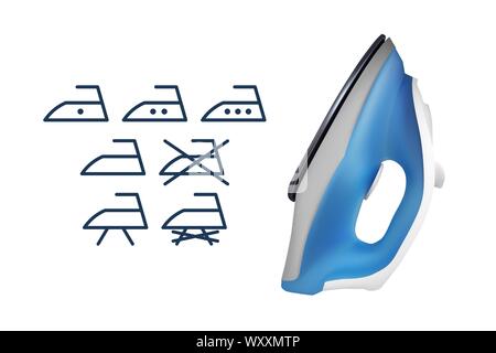 Blue electric iron. Set of icons. Vector illustration. Home electrical appliances. Stock Vector