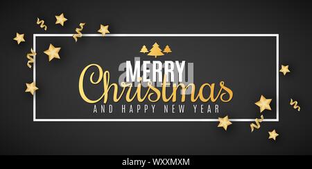 Christmas festive banner. Golden stars with confetti and serpentine. Stylish lettering in frame. Greeting card. Vector illustration. EPS 10 Stock Vector
